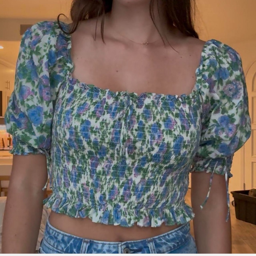 For Love & Lemons puff sleeve floral smocked top